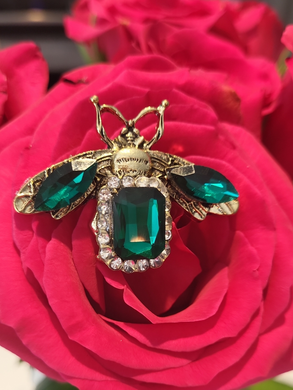 Brooches, Gold Bee and Floral Brooch Set with Green, Black and Pearl Accents - Picture 6 of 12
